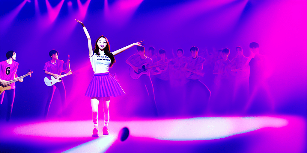 A high-definition image depicting nayeon, the korean idol, energetically dancing on stage while wearing the signature jersey of acf fiorentina. She is surrounded by musicians playing various instruments, including guitars, drums, and keyboards, adding to the lively concert atmosphere. The scene is illuminated by vibrant stage lights in shades of purple and white, creating a dynamic backdrop. The perspective is from the audience's point of view, showing some fans' silhouettes in the foreground with their hands raised, capturing the excitement of the performance. The overall mood is joyful and full of movement, emphasizing nayeon’s confident smile and expressive dance moves.