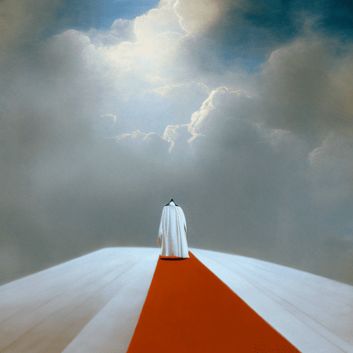 A person with a white cassock and hood walking on a white marble path suspended in the sky, orange light, over the clouds