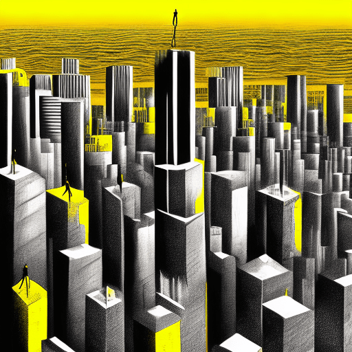 Top view of surreal digital illustration drawn with a pen featuring humanoid with yellow head and silhouettes of thin vertical poles and possibly distant buildings are visible on the right side. Abstract shapes resembling buildings or structures can be seen floating above the landscape. The overall style is characterized by high contrast, vivid saturation, and a balanced exposure, creating a dreamlike atmosphere that emphasizes geometric shapes and bold color choices.