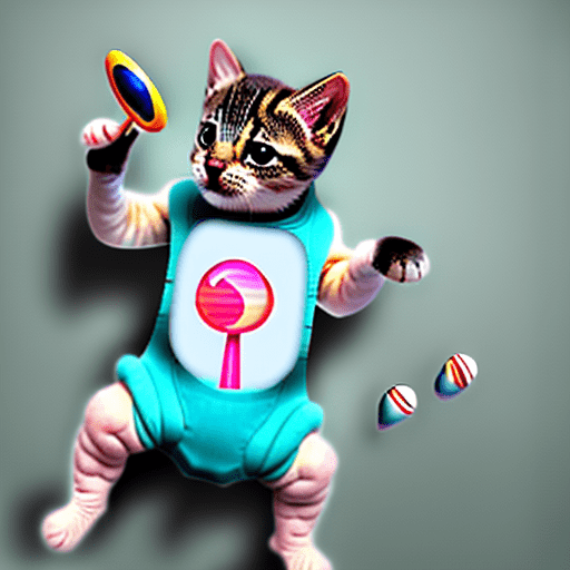 A cute baby cat wearing baby suit standing with a background of a park and a lollipop on his hand
