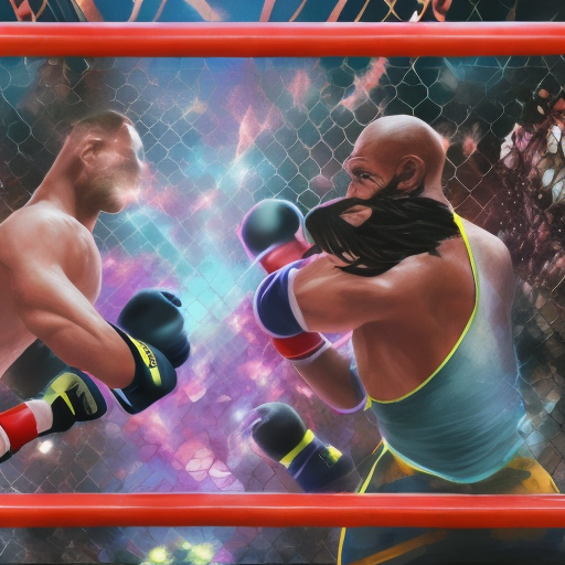 Cinematic, colorfull, high contrast, two fighters are fighting in the cage. Many spectators. The referee is also in the cage next to them.
