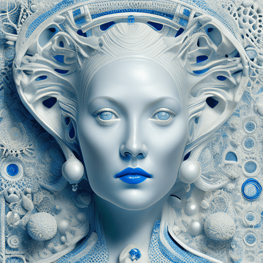 A woman made out of porcelain, in the style of balanced symmetry, white and blue, detailed facial features, organic forms, meticulous portraiture, complex patterns --ar 1:2 --stylize 350 --c 2 --v 6. 0