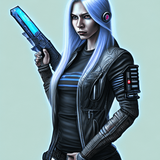 Illustration in the the game shadowrun art style: cyberpunk female, with only the left side of her body tattooed, long blonde hair, blue eyes, leather jacket