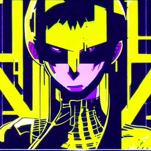 Early techno rave music inspired by ghost in the shell, 90s manga aesthetic, expressive face, yellow background