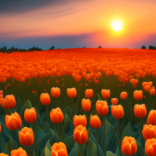Hyper realistic photo of field of orange tulip flowers at the sunset, 8k