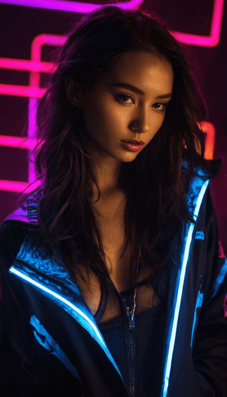 Fashion editorial, a beautiful darkhaired woman in neon lights in night club, highres, realistic photo, professional photography, cinematic angle, dynamic light back shining,