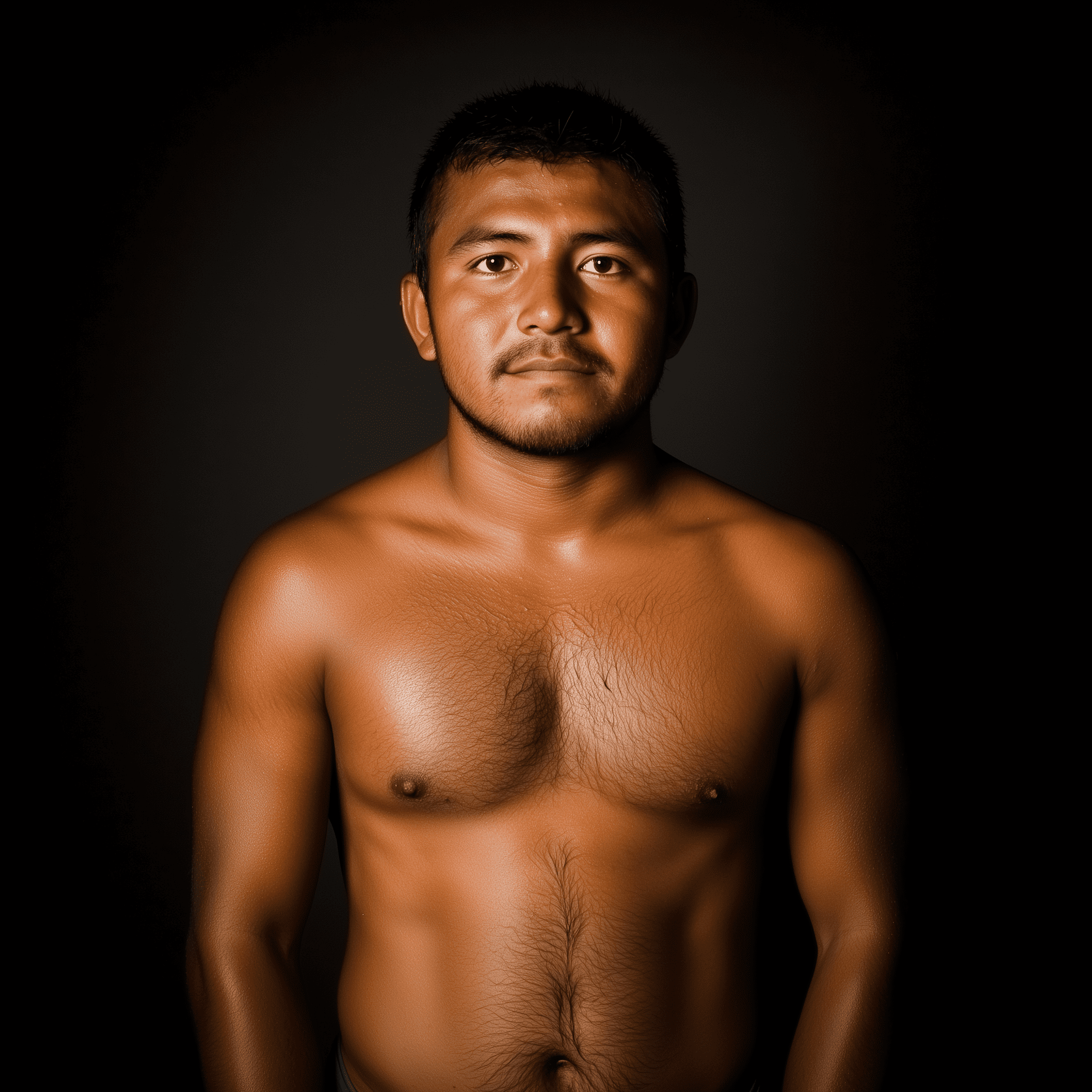 Full shot, full-length portrait, wide field of view, centered, showing entire body, award-winning cinematography, award-winning photography, portrait of handsome mexican man with black hair and dark emotive eyes, swimmers body build, standing, extremely hairy chest, in the gym, posing for the camera, showing off his legs, ultra-realistic skin, 8khd --chaos 35 --v 6. 1
