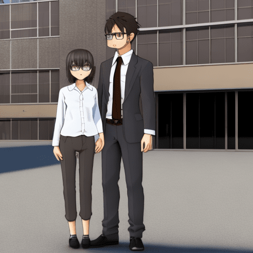 A 3d render anime-style medium shot of a couple standing outside. The boy, aged 22, is wearing a grey business suit, white shirt, brown formal shoes, a brown tie, and glasses. He has a medium trimmed beard and a light brown face tone and dark hairs. He has short, fade hair. The girl, aged 23, is wearing a pink wedding outfit. She has long black hair. The background is a lush green park with cherry blossom trees in full bloom.