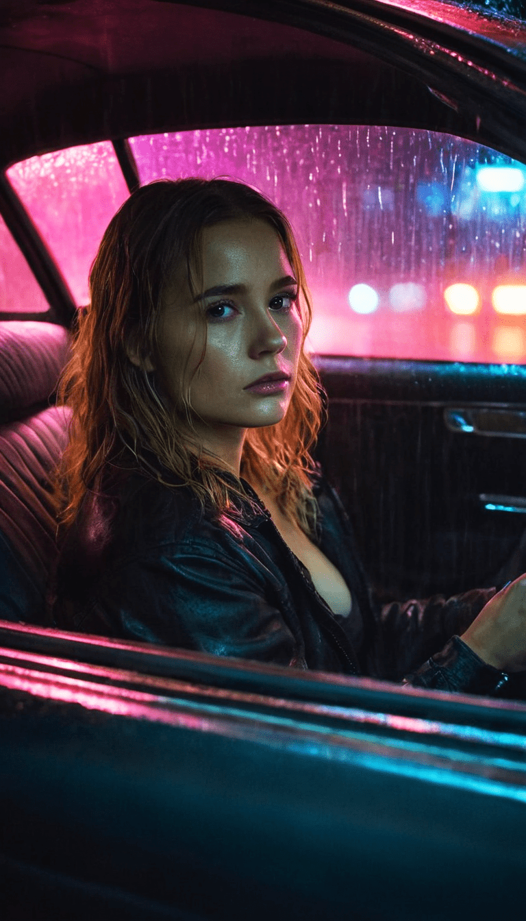 A fashion editorial, front view, young woman sitting in car and looking out window in wet rainy night and purple and blue neon lights, highres, realistic photo, professional photography, cinematic angle, dynamic light back shining, bokeh,