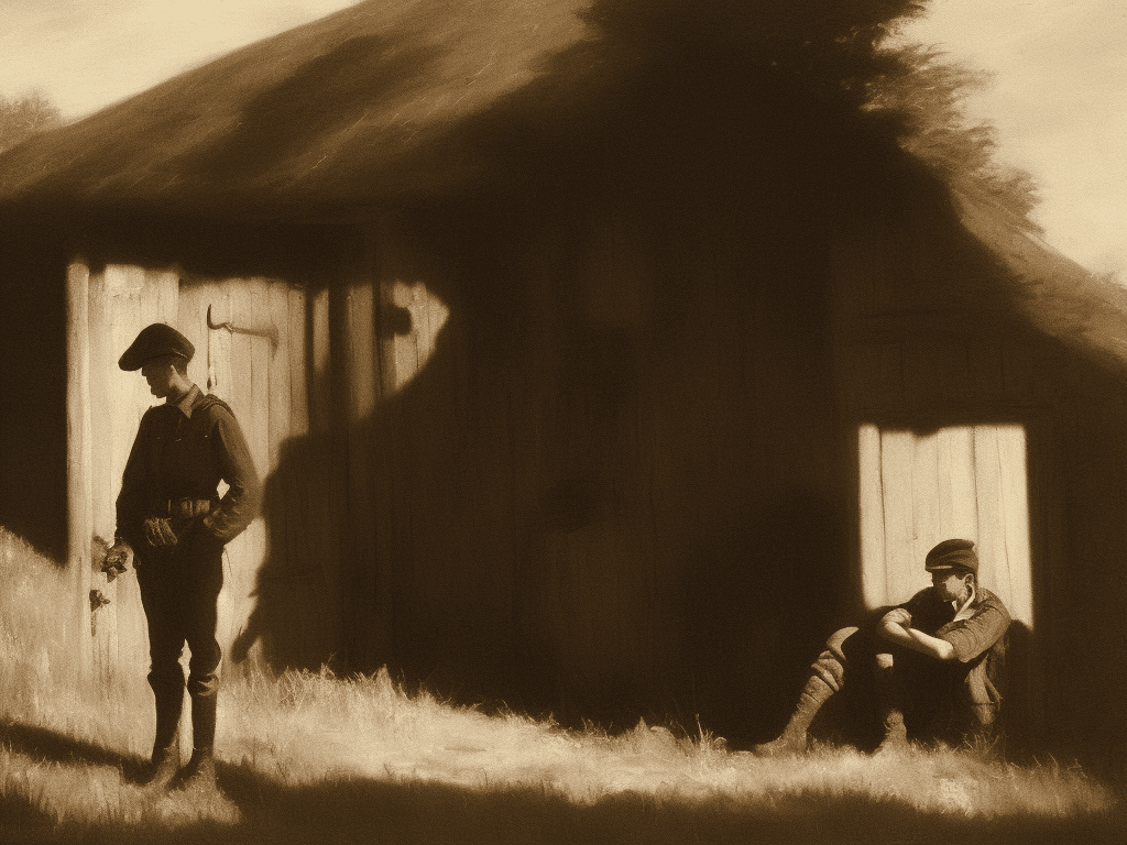 A 16 year old gamekeeper's reprieve: a somber oil painting, reminiscent of john singer sargent's realism and romanticism. The young gamekeeper, crouched against the rustic wall of a horse stable, is bathed in dramatic chiaroscuro. Rembrandt-esque lighting casts long shadows, while bargue-inspired textures bring forth the worn wooden planks. Delacroix's bold brushstrokes imbue the scene with energy and emotion. The gamekeeper's weary gaze meets ours, as he pauses to catch his breath, surrounded by the rustic tranquility of the stable.