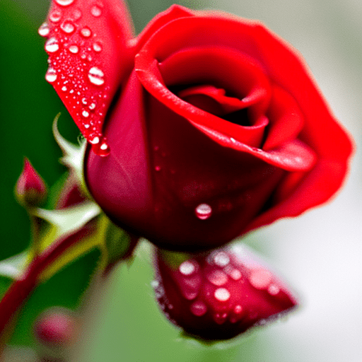 Lonely baby red rose bud with dew drops