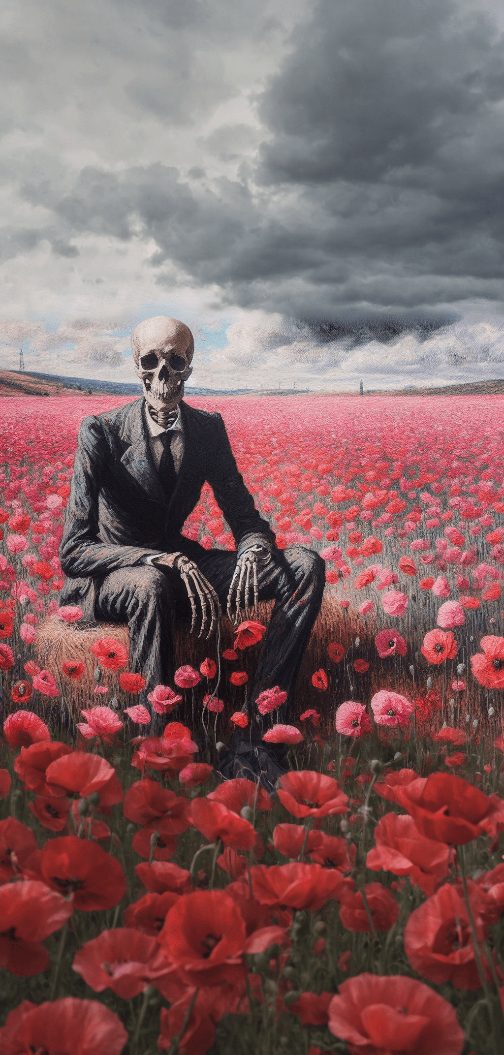 A painting of a skeleton sitting in a field of red poppies. The skeleton is wearing a suit and tie and is holding a pair of gloves in its hands. The background is a vast field of pink flowers with a cloudy sky above. The overall mood of the image is somber and melancholic.