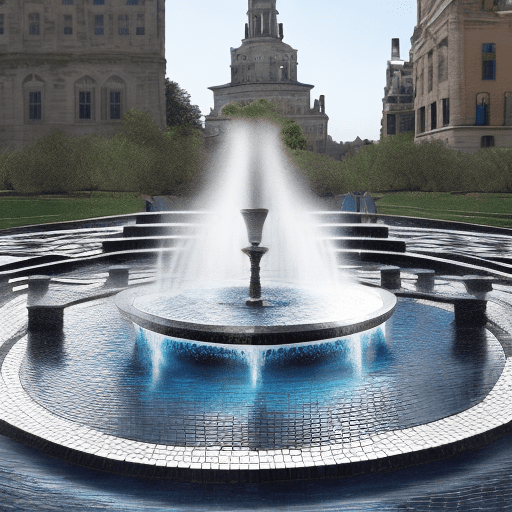 Create an image of a round fountain 8 meter wide with eight water jets on the edge distributed equally around one central water jet the fountain has black granite up-stand all around and mosaic tiles inside the fountain. Hyper detailed , hyper realistic photo polaroid photo