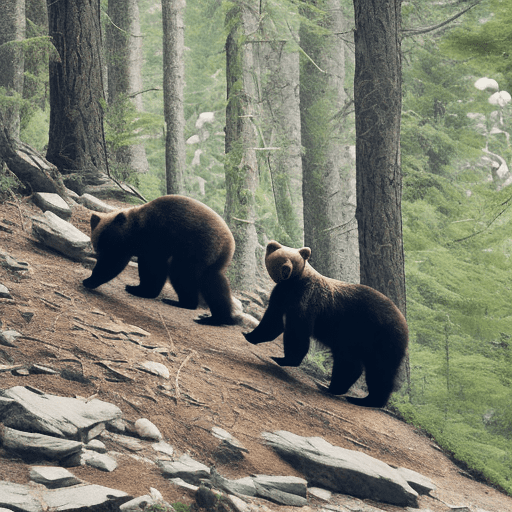 Carrying a small pack on his back, the bear looked like he was trying very hard as he climbed high to the top of the mountain, passing woods, streams, and rocks on the way.