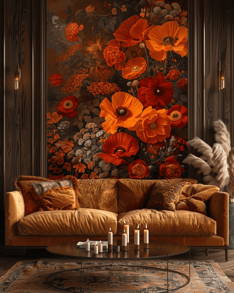 A large wall mural of an autumn floral arrangement on the walls, featuring bold orange and red flowers like poppies and roses. In front is a brown velvet sofa with cushions made from rich fabric in warm tones, a vintage coffee table with candles, and dark wood paneling around it. The interior design style is maximalist, with a vintage area rug under the couch, moody lighting, ornate details, and rich textures in a symmetrical composition. --ar 103:128 --s 250 --v 6. 0 --style raw