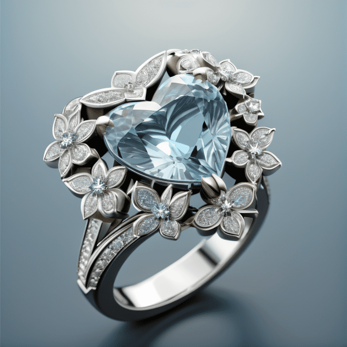 A jewellery design, an intricate ring, (shiny diamond set on ring:1. 5) , heart shape aquamarine on top of ring, the ring is shaped with flower elements, harry winston, individual object, a computer rendering, realistic photography, masterpiece, breathtaking design, best quality, highres, 8k, stunning, much detail, uhd