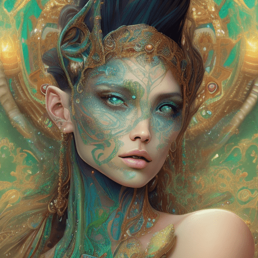 Fantasy concept art. Close-up portrait. Woman with green eyes and face covered in tattoos and jewelry. Highly detailed digital painting. Inspired by kerembeyit's style. Vibrant colors and intricate details. Deep blues and emerald greens. Golden jewelry and warm skin tones. Soft, diffuse lighting with subtle rim highlights. 8k resolution. Trending on artstation. Unreal engine 5 quality. Detailed matte painting. Complementary colors. Intricate detail. Deep color. Fantastical. Splash screen. Highly detailed fantasy art.