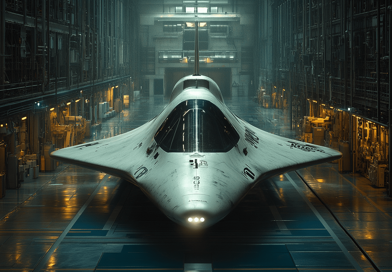 A cinematic still of an a230 spaceship, a small white space pod floating next to it, in the style of david levy's sci-fi illustration. The scene is set inside a huge industrial hangar bay, with deep blue and teal colors, a low-angle shot, hyper-realistic, cinematic lighting, dramatic shadows, and dynamic light reflections, in the style of john harris, ralph mcquarrie, and jony ive's design. --s 250 --style raw --ar 128:89 --v 6. 1