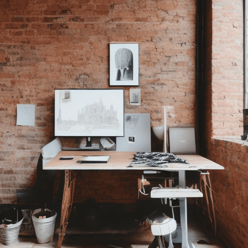 A cinematic view of a creative fashion workspace for a custom apparel brand, with fabrics, sketches, and sewing tools on a wooden desk. The scene has exposed brick and concrete, with warm lighting that creates deep shadows, giving the room a cozy, stylish atmosphere. Shot with a 50mm lens to focus on textures and details, this workspace feels urban, resilient, and artistic. ”