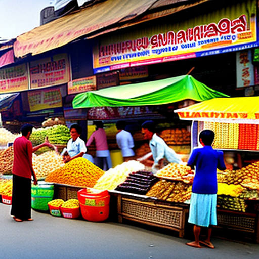 "a realistic, high-resolution image of small-scale vendors in a vibrant malaysian marketplace. The scene captures a variety of small businesses including a drink stall, traditional kuih-muih seller, a grocery shop, fresh fish and vegetable stalls, hot food vendors, night market setups, and home-based shops. The camera zooms in on each vendor’s face, showcasing their genuine smiles and friendly interactions. The environment feels authentic with local decorations, handwritten price tags, and items carefully arranged. The lighting creates a warm, natural ambiance, portraying a real-life sense of community and the heart of small local businesses. "