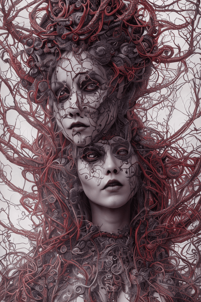 An intricately decorated gothic gargon medusa representing a fusion of cybergothic, midwestern gothic, nu-gothic and suburban gothic styles. Her body is covered in red threads, organic body art, and a mixture of dark, mysterious influences. This vibrant image of jinx is a hyper-realistic digital painting that showcases every detail of her meticulously crafted and darkly enchanting appearance. The quality of the work is exceptional, with vibrant colors, intricate textures and immersive atmosphere creating a sense of the eerie yet alluring world of this unique character.