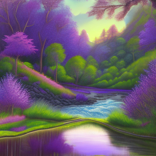 A serene, magical landscape featuring a river winding through a dense forest of purple and violet trees. The foreground is filled with vibrant vegetation and flowers in shades of green and lavender. In the background, soft, rolling mountains are bathed in the warm glow of a sunset with orange, pink, and purple skies. The scene is framed by tall trees, and the river reflects the surrounding colors. The overall mood is peaceful and dreamlike, with soft, ethereal lighting.