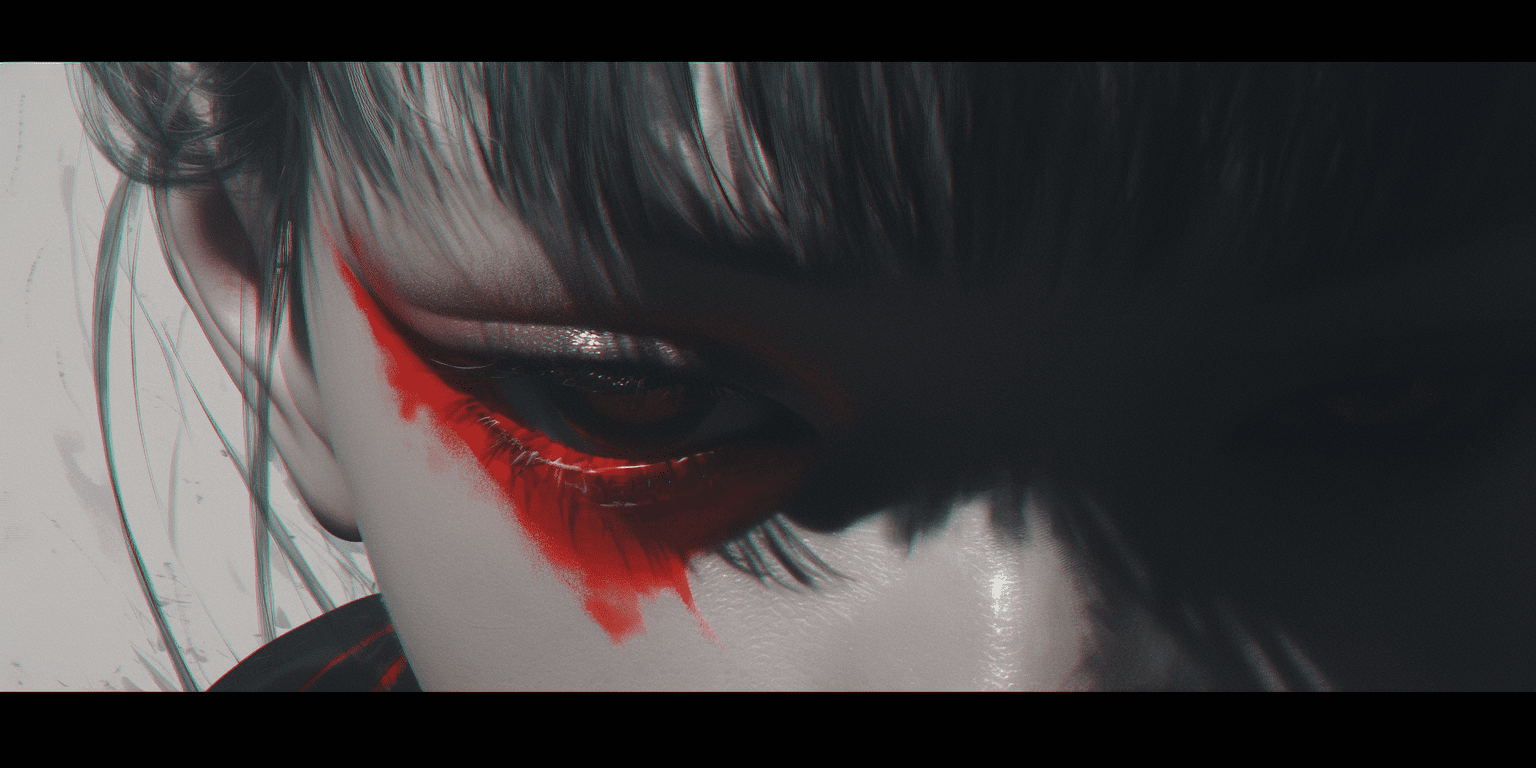 Woman, shadow, darkness, madness in eyes #vfxfriday, massurrealism, explosive shadow pigmentation, spiritualcore, cinematic lighting --ar 2:1 --stylize 750 --niji 6
