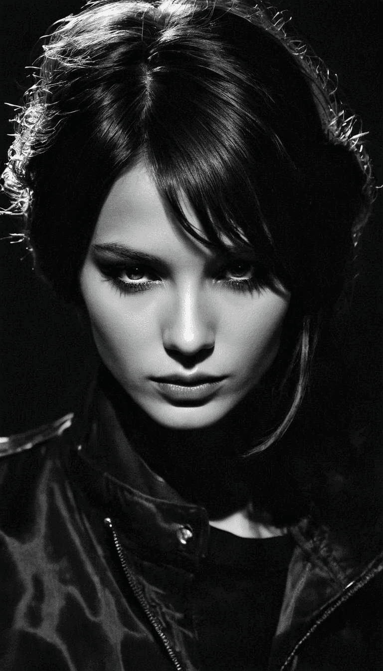 Black and white photography, fashion editorial, a portrait of beautiful woman is studio lights in style alain laboile, highres, realistic photo, professional photography, cinematic angle, dynamic light back shining,