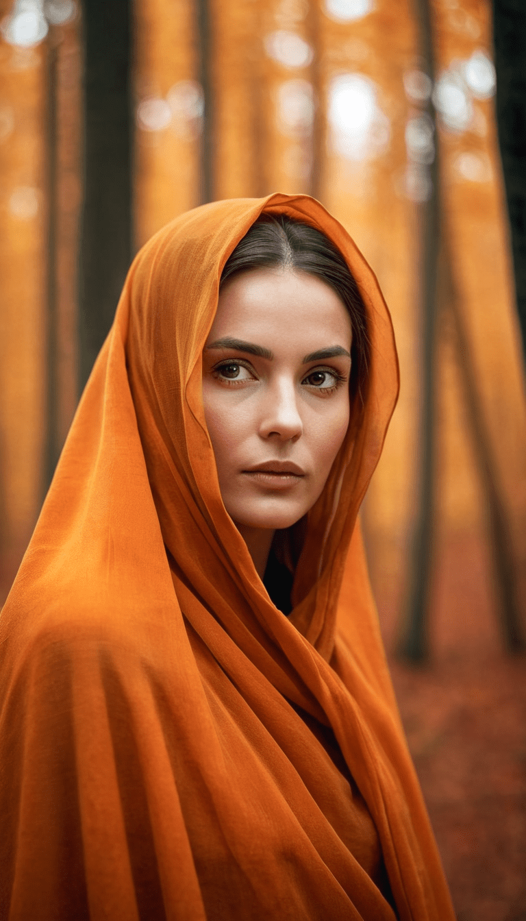 A close up of mysterious woman in orange veil cloak walking in autumn forest, sharp detail and dramatic focus, highres, realistic photo, professional photography, cinematic angle, dynamic light back shining, bokeh,