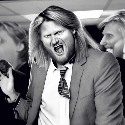 Photo of matt mullenweg the ceo of wordpress looking a bit like donald trump but with a bad mullet haircut, standing and shouting like a bully, style of a cariacuture