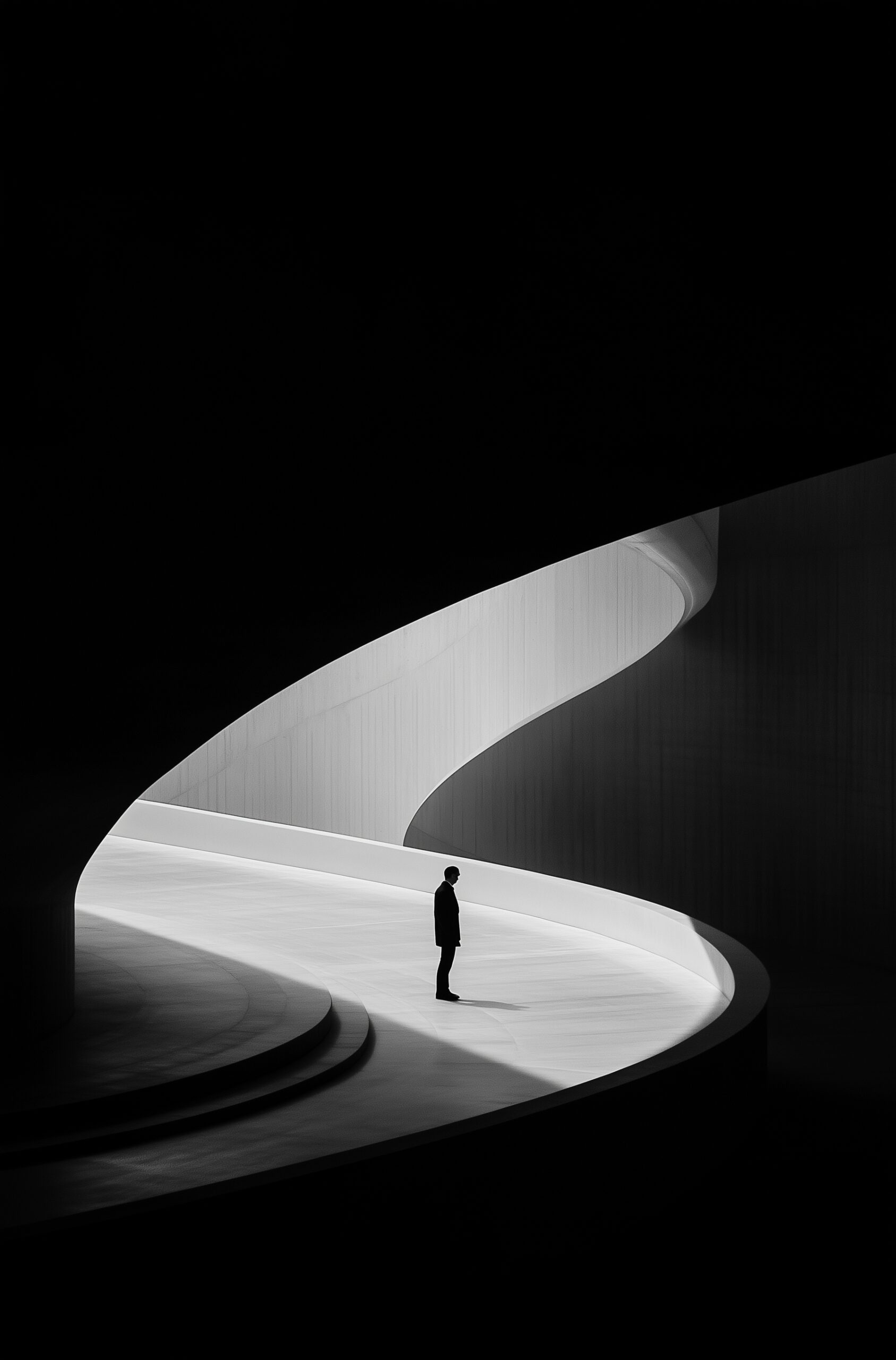 A man walking in the center of an infinite white circular building, symmetrical photo, architectural photography, black and white --ar 53:80 --s 750 --v 6. 1 --p 5144vto