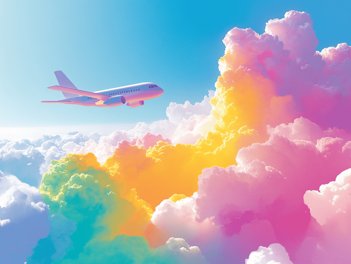 Cartoon painting, a small cartoon paper cut airplane flying in light blue sky, light blue proportions, abstract geometric clouds, cute, cartoon, flat painting, 32k