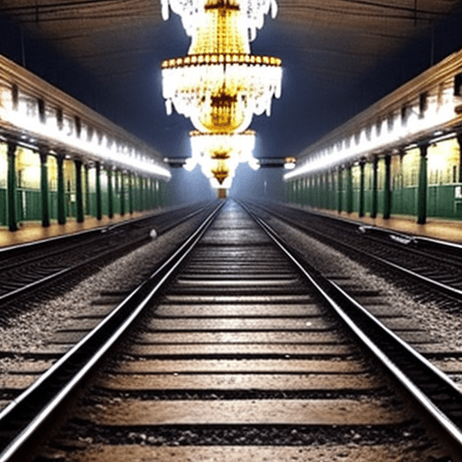 People waiting beside empty tracks on a russian platform with chandeliers