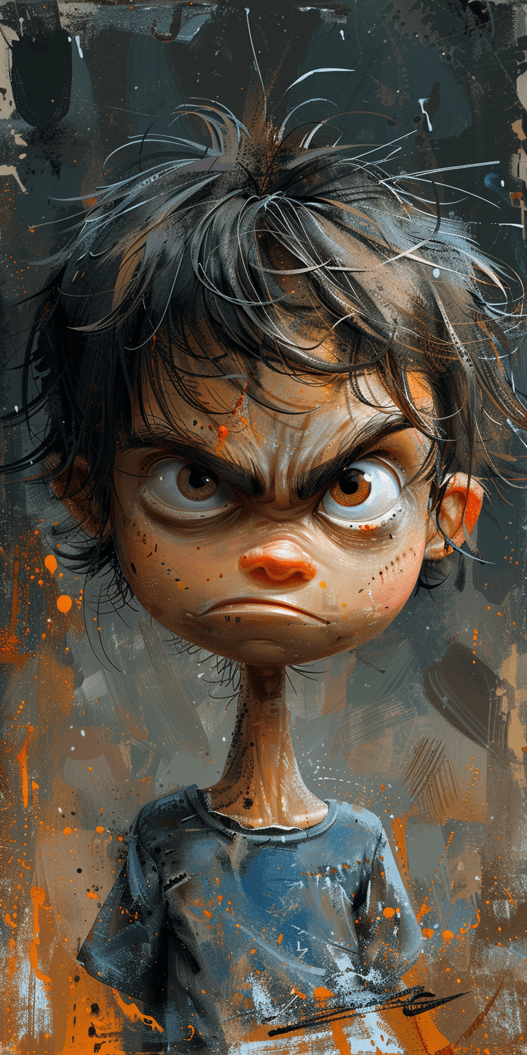 Caricature illustration, children's comic book character, hilariously exaggerated features --ar 1:2 --stylize 750