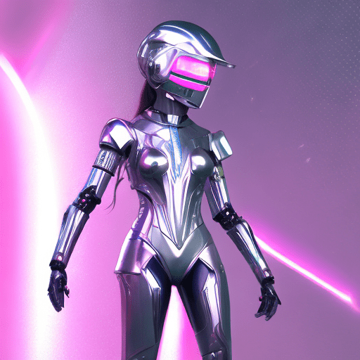 A high-resolution image that captures the essence of a dynamic character in a futuristic setting. She is an shining ai that her face looks like human. She is wearing metal suit, she wear helmet, the character is poised energetically, with flowing garments suggesting motion. Incorporate a vivid color scheme with pink, and reflective silvers, reminiscent of nightcore aesthetics. Use dramatic backlighting to emulate a neon glow, contrasting with the darker hues of a cosmic backdrop , she is bright , the image should mimic the depth of field and clarity with sharp focus on the character and a blurred background. Add realistic textures to the character's clothing and hair, and include a visible light source in their hands, producing a gleaming, otherworldly effect. Ensure the overall composition resembles a candid snapshot, capturing a spontaneous moment of action in a surreal, sci-fi universe, her eyes are purple, her entire body, she is making a gesture of reaching out for something above, a leaping pose, she is gazing at something above. , gopro hero10 black, cinestill 800t, cyberpunk, a cinematic scene, --ar 9:16 --s 750