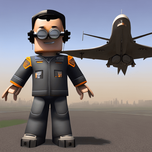 A roblox charakter pilot character in a fighter pilot suit with vintage goggles, standing confidently with arms crossed. The background shows an airport with a control tower in the distance, and a bright sky overhead.