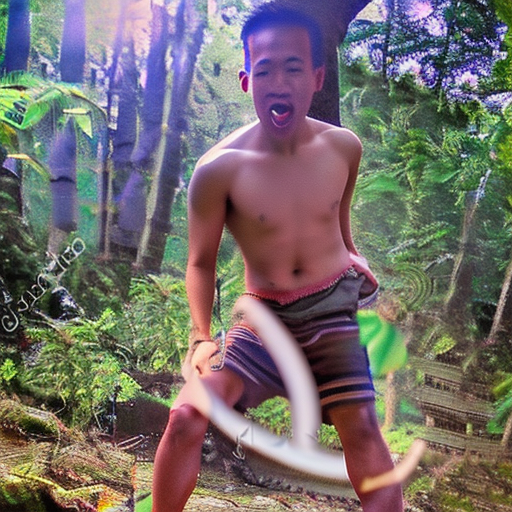 An indonesian guy, opened his mouth as wide as possible, until his teeth were visible, the guy put one hand on his forehead like he was respectful, his expression was looking around looking for something, looking around, the guy's mouth was very wide, the guy was squatting on a rock, with the background a very fresh and natural forest, hyper realistic, no defects.