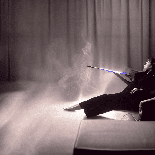 Photography, dimly lit room with a hazy atmosphere, capturing a female figure lounging on a deep crimson color rustic couch, wearing a black suit and white shirt with loose blue tie, arm resting on hers bent knee, hand holds a glowing cigarette, creating a trail of hazy smoke that wafts around her, illuminated by a beam of light from an unseen source off-camera, light filters through the deep smoke, casting dynamic patterns and giving the scene a moody, dark atmosphere, cinematic quality resolution, air of contemplation in hers posture and the ambient glow contributes to the intimate and introspective mood of the portrait, high contrast -