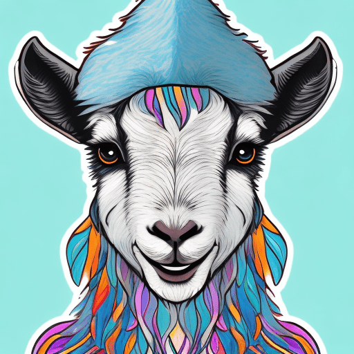 Picture a cute goat depicted in a playful and joyful manner, exuding a sense of fun and cheerfulness. The artwork should showcase the llama with a mischievous expression, maybe sticking out its tongue or wearing a silly hat. Use vibrant colors and dynamic lines to capture its playful nature and create a lively and adorable design. Sticker design graphic, vector, contour, white background. --s 250