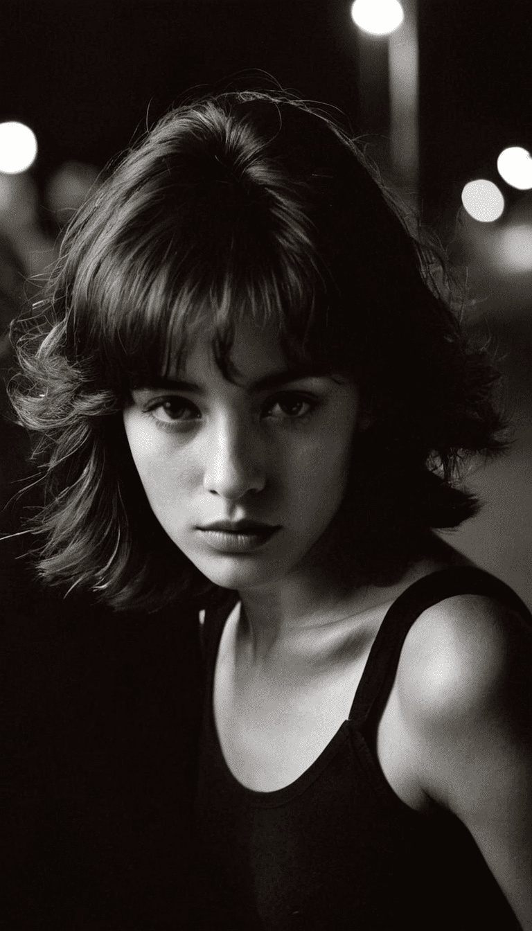 Black and white photography in style by bruce davidson, fashion editorial, dark haired woman of long exposure photography through artistic lens, highres, realistic photo, professional photography, cinematic angle, dynamic light back shining, bokeh,