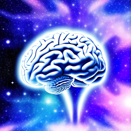 Brain in a white room. Background: galaxy in space