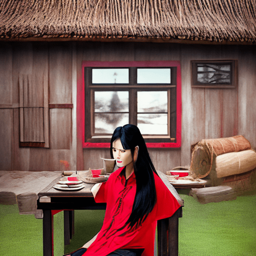A photo of stunning asian model with long black hair, sitting a table wearing an oversized red shirt, photorealistic, background features a viking longhouse wall painted in different colors, adding depth to the scene, confident pose, style and emotion, high quality, shot on a sony a7 iii --ar 63:128 --stylize 750 --v 6. 1