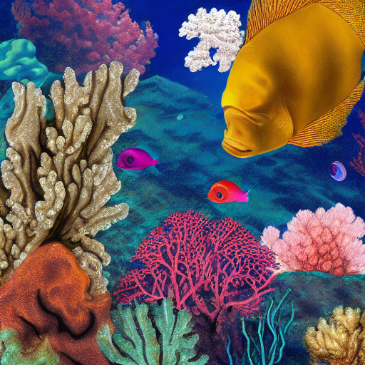 2d image of a deep sea diver underwater, fish and corals, and sea weed.