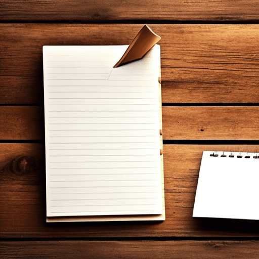 Open notepad with blank pages on an old wooden floor