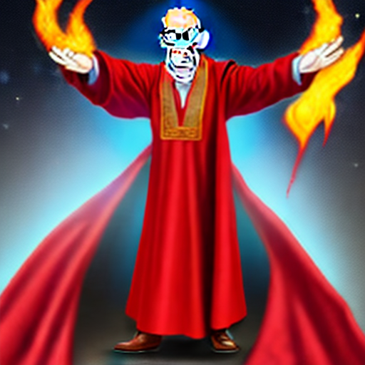 Professor farnsworth, realistic, dressed in red robes covered in mystic symbols stars and moons, bald head on fire like hades, smiling hand raised with fingers pointed up and covered in flame, realistic, very realistic, wears thick glasses, clean shaved, ancient man, wrinkled face, 200 year old man, no beard, no facial hair, crazy, glasses very thick, glasses keep you from seeing eyes