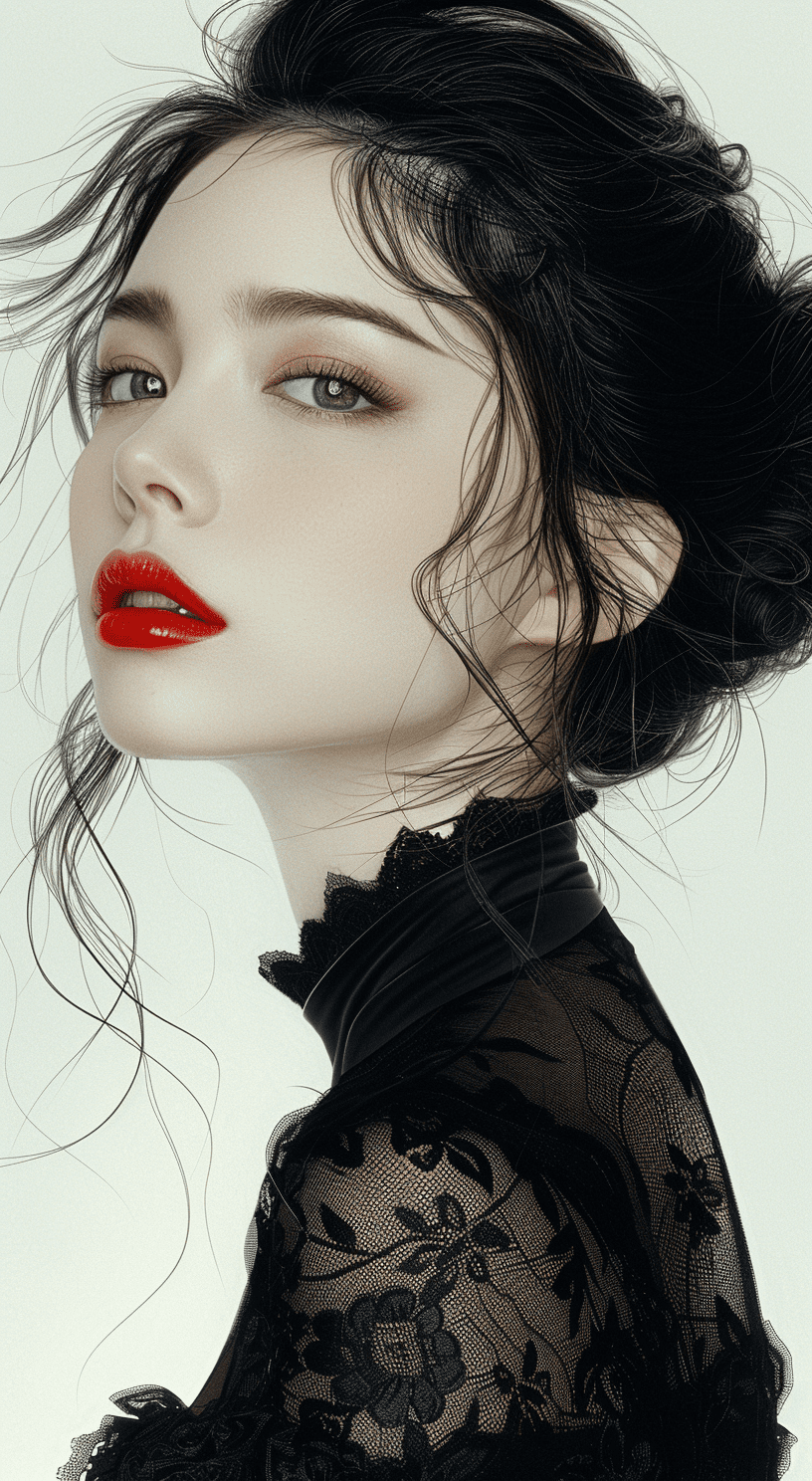 Chinese ink style portrait of chinese photographer zhang jingna, wearing a black dress and red lipstick with an elegant face against a white background. A flat, high definition illustration in the style of chinese ink. --ar 71:129 --stylize 750