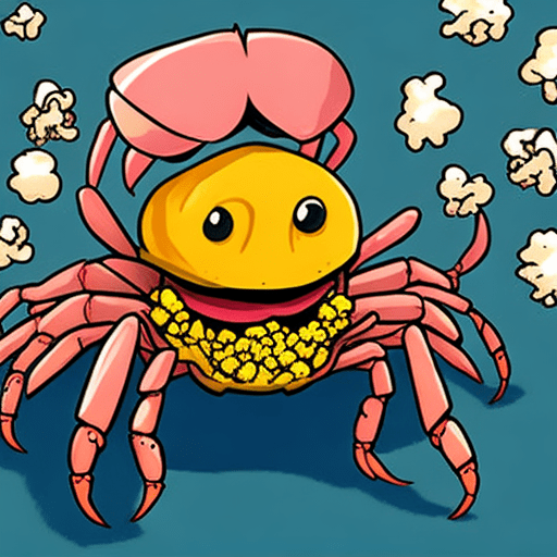 A crab eating popcorn in comic art. A cute crab.