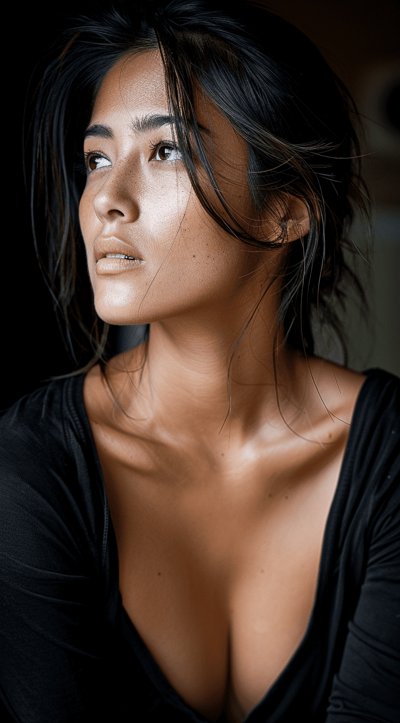 Woman in a black tshirt, in the style of sterling silver highlights, samyang af 14mm f/2. 8 rf, photorealistic portrait --ar 71:128 --personalize yruxpc2 --stylize 750 --v 6
