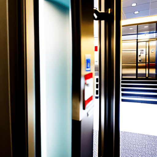 View from inside a lift through the opening doors to the lobby and reception.