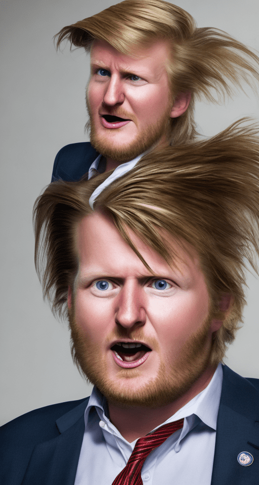 Photo of matt mullenweg the ceo of wordpress looking a bit like donald trump but with a bad mullet haircut, very fat, sweaty armpits, standing and shouting like a bully, style of a caricature